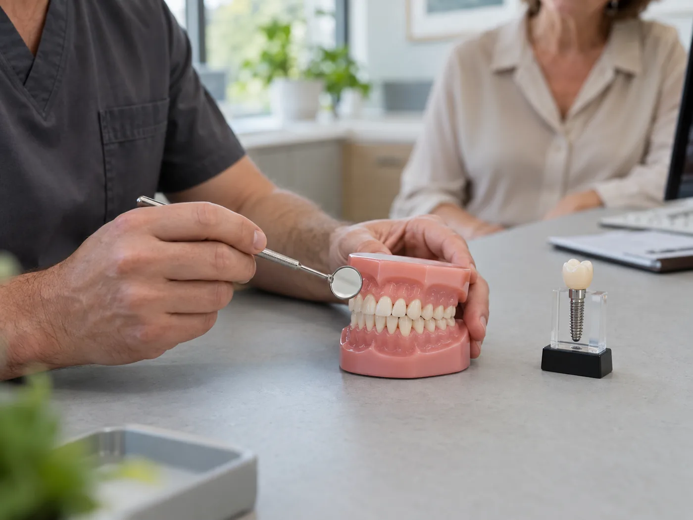 Model zubnog implantata s krunicom i model čeljusti na stolu tijekom konzultacije s pacijenticom